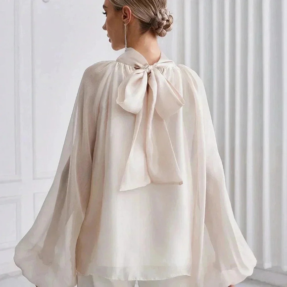 . Tops - Apricot Casual Women's Solid Color Stand Collar Lantern Sleeve Shirt